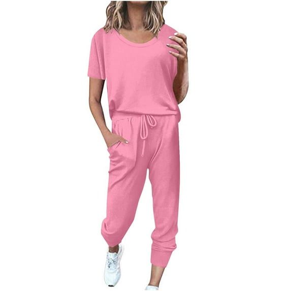 yardsong Jogger Sets for Women 2 Piece Petite Solid Color Short Sleeve Crewneck Pullover and Drawstring Pants 2025 Lounge Matching Outfits Pink,XL
