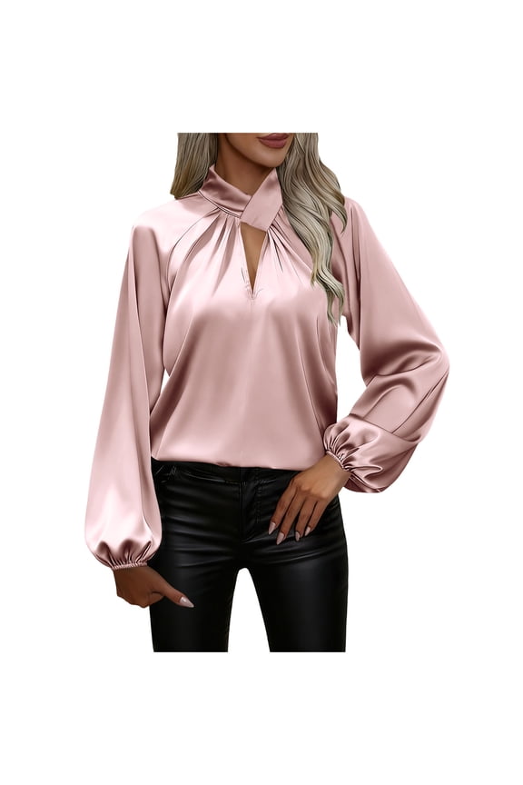 Keyhole Neck Satin Blouses for Women Lantern Long Sleeve Smocked Business Work Casual Tops Pink,XXL