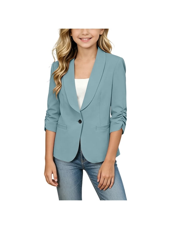 Kids Blazer Girls School Blazer Jacket 3/4 Ruched Sleeve Toddler Shawl Collar Lightweight Casual Blazers Suit Jackets 130