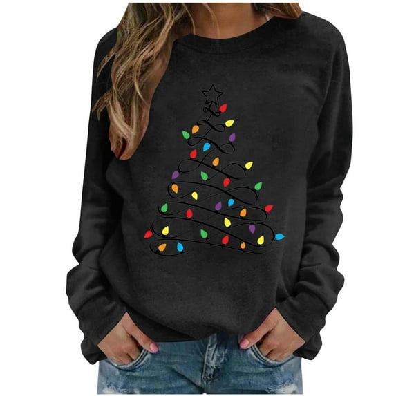 yardsong Ladies 2025 Christmas Shirts Long Sleeve Cute Xmas Tree Graphic Casual Fall Party Holiday Tees Black,XL