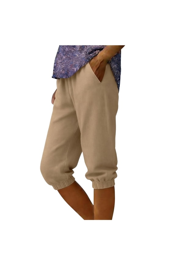 Ladies Capris Jeans Denim Look Capri Pants for Women Trendy Summer Jogger Comfy Knee Length Cropped Pants with Pocket Khaki,XXL