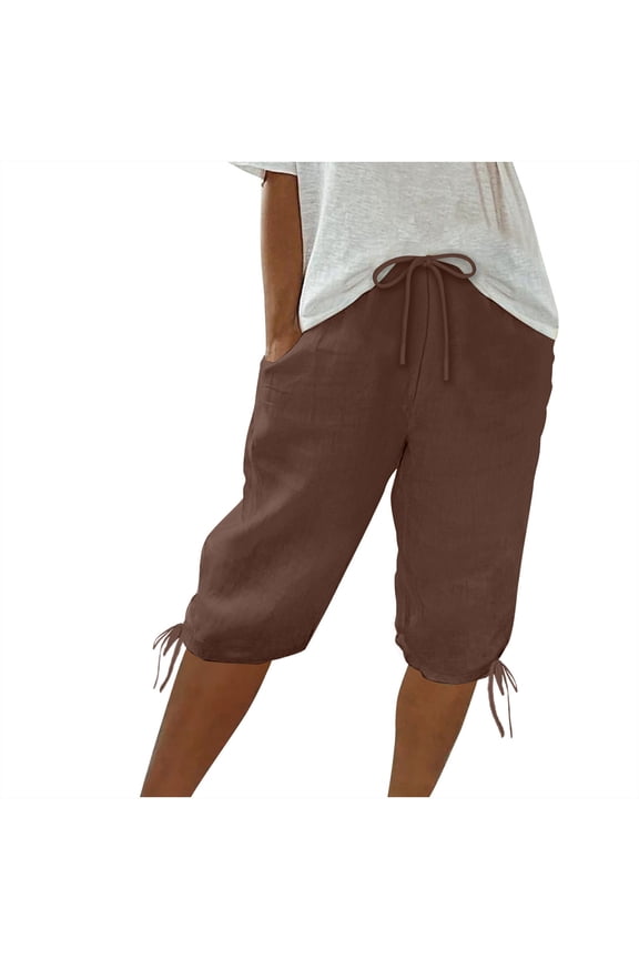 Linen Capris for Women Casual Bermuda Shorts Knee Length Summer Elastic Waist Drawstring Capri Pants with Pockets Coffee,XXL