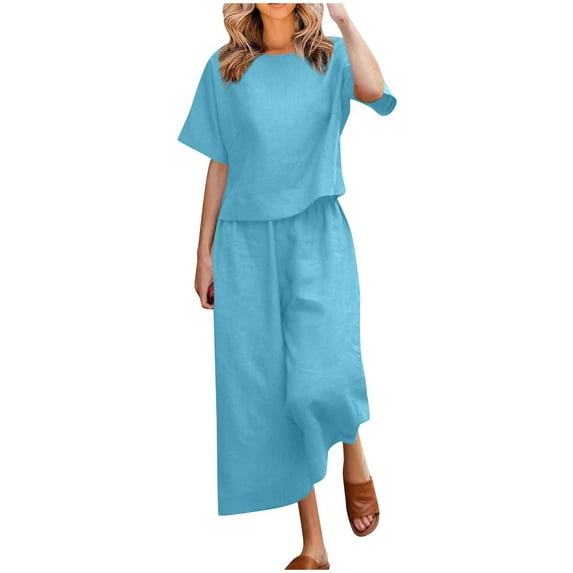 yardsong Linen Women Set Short Sleeve Set Women Crewneck Tops Wide Leg Pants Set Plus Size Summer Matching Outfit 2025 Sky Blue,XXXXL