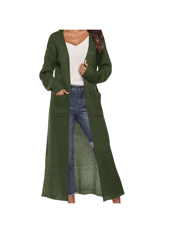Long Cardigans for Women Womens Casual Long Sleeve Split Open Cardigan Knit Long Cardigan Sweaters with Pockets Fall Fashion 2025 Army Green,L