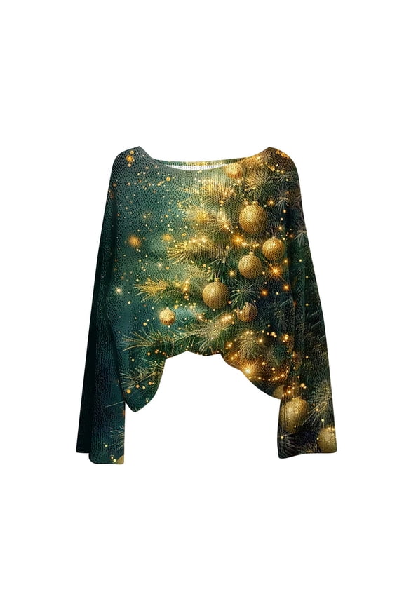 Long Sleeve Boat Neck Ugly Sweater for Women - Imitation Knitted Wine Red Glass Pattern Christmas Holiday Tops Gold,L