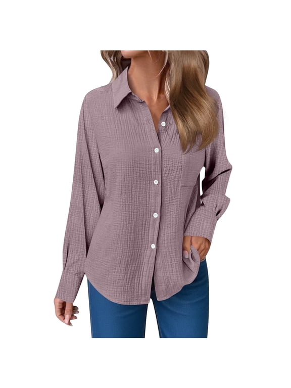 Long Sleeve Button Down Gauze Shirts for Women Fall Casual Crinkle Collared Work Dress Shirts Ladies Blouse Tops 2025 Purple,XL