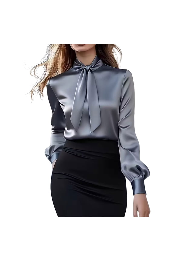 Long Sleeve Tie Neck Satin Tops Women's Button Down Business Work Dressy Casual Blouses Dark Gray,M