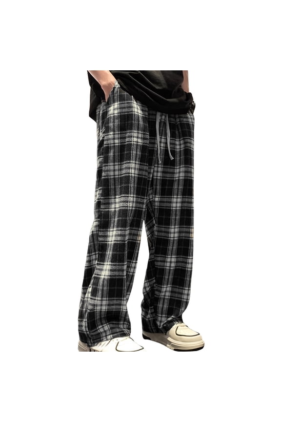 Men's Flannel Plaid Pajama Pants Elastic Waist Drawstring Baggy Lounge Sleep Bottoms with Pockets Black,L