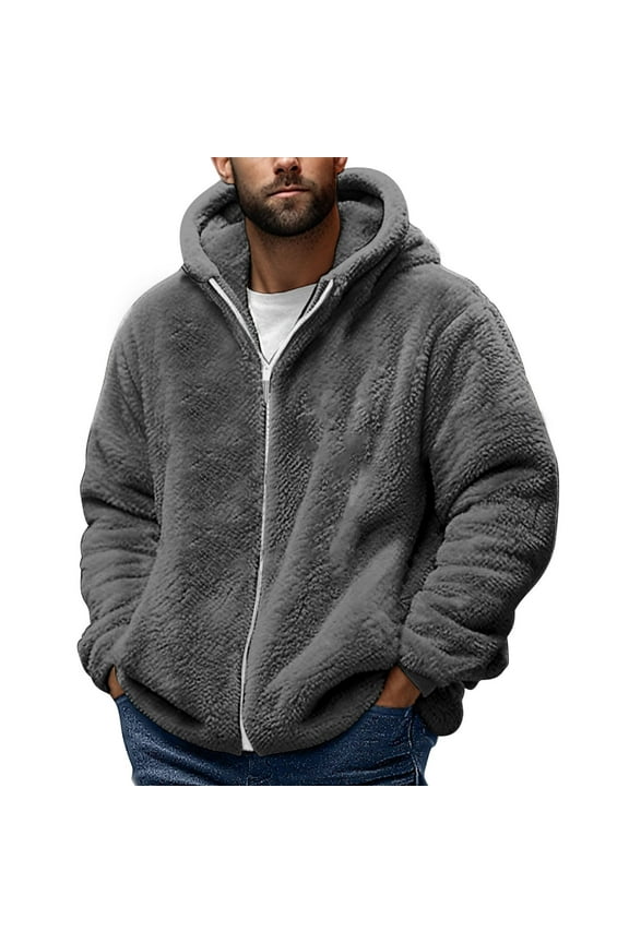 Men's Fuzzy Sherpa Fleece Jacket - Full-Zip Hooded Long Sleeve Fluffy Casual Warm Winter Coats Dark Gray,S