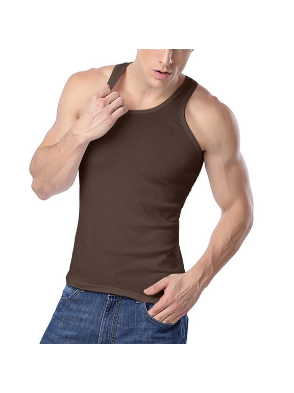 Men's Tank Top Undershirts Sleeveless T-Shirts Slim Fit Basic Workout Gym Sweat Vest Athletic Base Layer Sport Tank Tops Coffee,S
