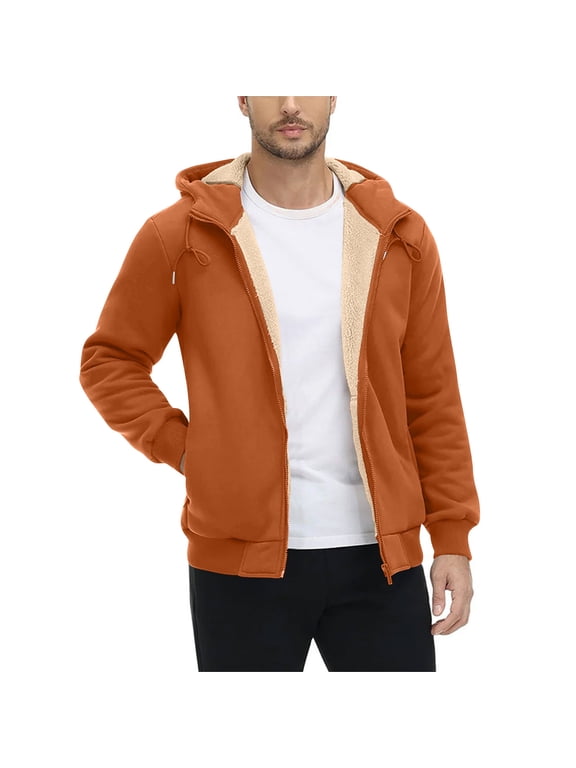 Men's Zipper Hoodie - Sherpa Lined Heavyweight Thick Fleece Jacket Casual Warm Fall Winter Orange,XL