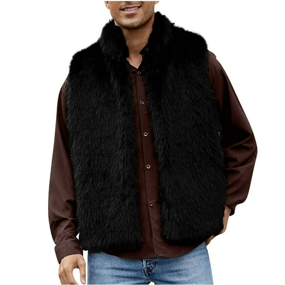 yardsong Mens Faux Fur Stand Collar Coats Sleeveless Jacket Vest Fuzzy Fleece Jacket Winter Thermal Fuzzy Outerwear Fluffy Shaggy Vests Black,L
