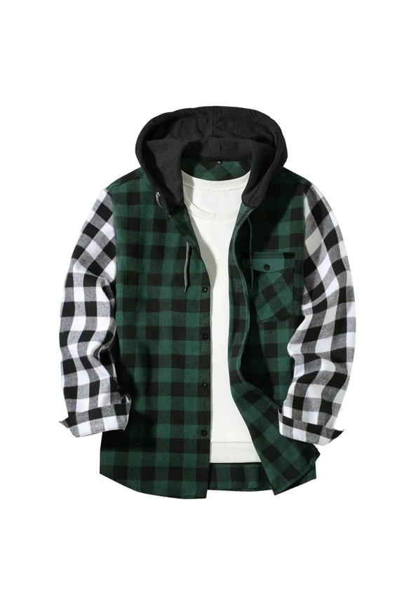 Mens Plaid Casual Shirts Flannel Jacket Fall Long Sleeve Button Down Hoodie Lightweight Casual Shirts Coat Outerwear Army Green,L