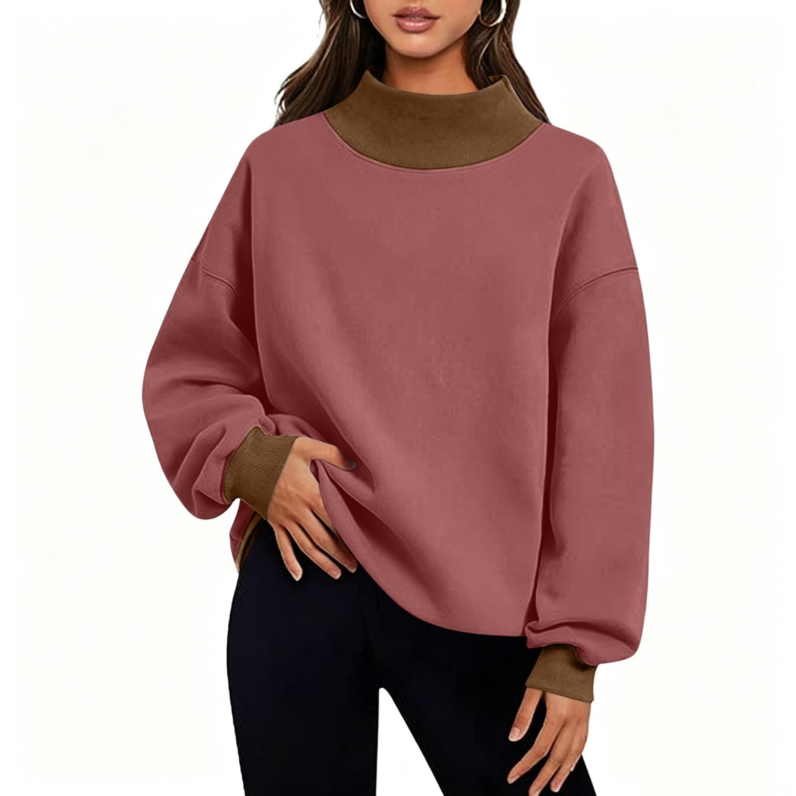 yardsong Oversized Mock Neck Sweatshirt for Women - Plain Long
