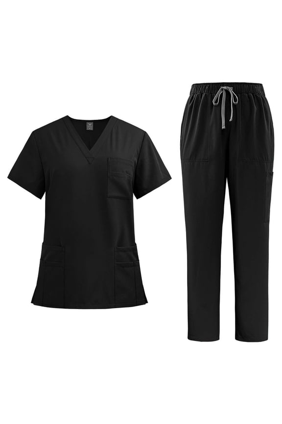 Nursing Uniform Sets for Women Scrubs Medical Uniform Women Scrubs Set Short Sleeve V Neck Scrubs Top and Drawstring Cargo Pants 2025 Black,XL