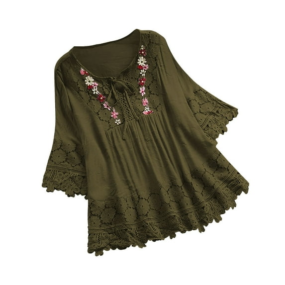 yardsong Peasant Blouses Women Boho 3/4 Length Sleeve Bohemian Tops Cotton Linen Mexican Embroidered Shirts Plus Size Flowy Lace Tunic Blouses 2025 Green,XXL