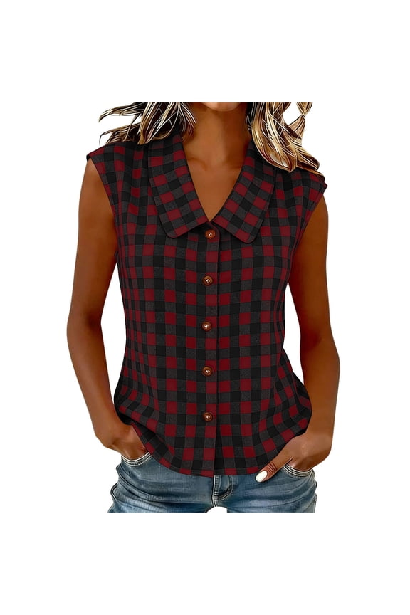 Peter Pan Collar Shirt Women Plaid Cotton Gingham Button Down Shirts Slim Fit Sleeveless Blouses Summer Dressy Casual Tunic Gray,S