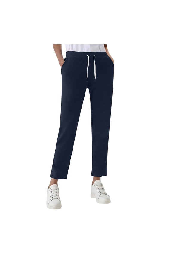 Petite Drawstring Waist Straight Leg Sweatpants Women Comfy Fleece Workout Joggers with Pockets Navy,M