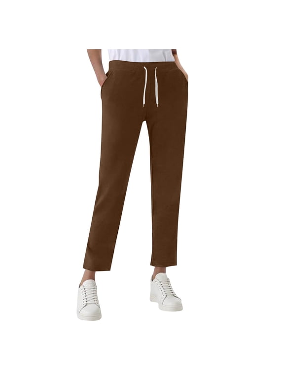 Petite Running Sports Workout Pants Women Straight Leg Drawstring Waist Comfy Fleece Joggers Coffee,S