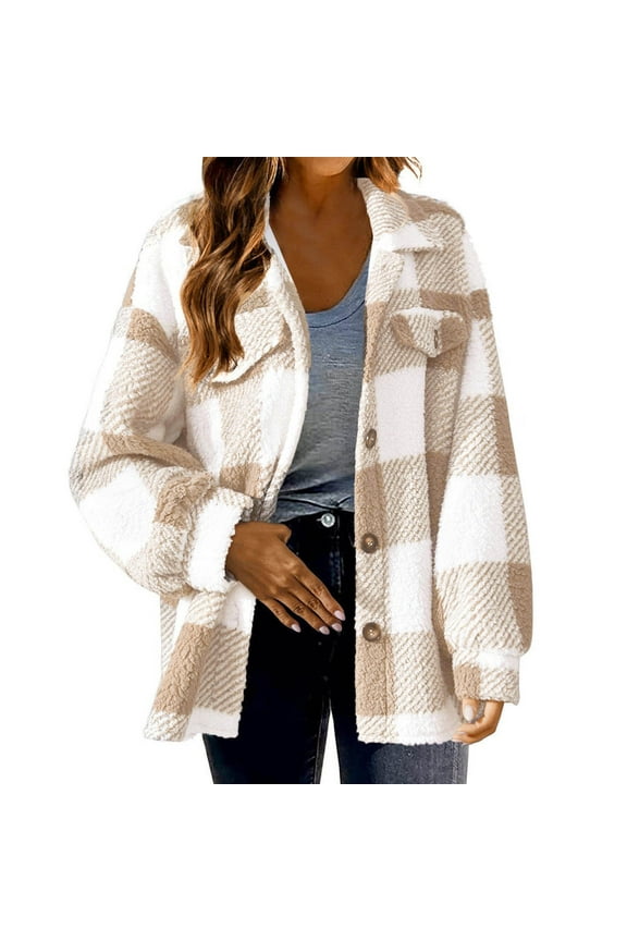 Plaid Jacket for Woman Fuzzy Sherpa Fleece Lined Flannel Shirt Jacket Lapel Collar Casual Long Sleeve Button Down Shacket Coats Beige 015杏色,S