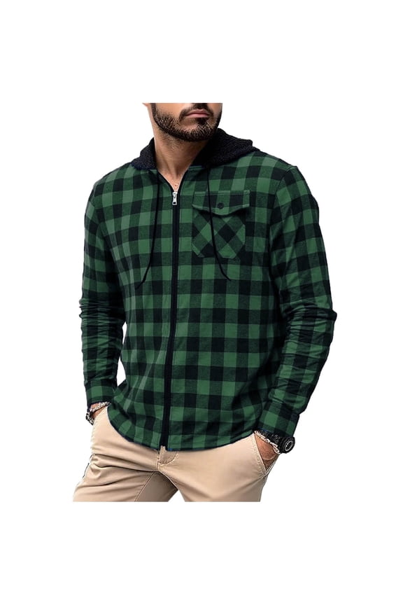 Plaid Jackets Men Flannel Jacket Fall Long Sleeve Button Down Hoodie Lightweight Casual Shirts Coat Outerwear Green,M
