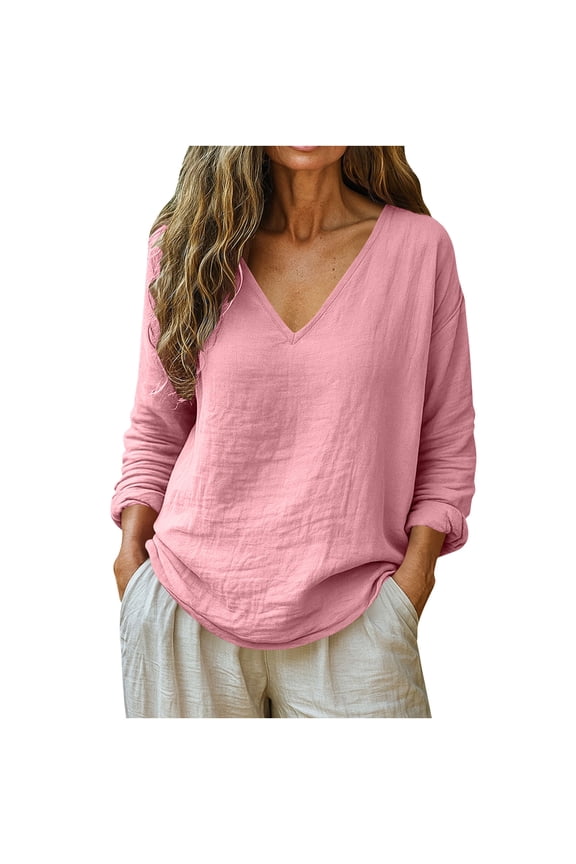 Plus Size Linen Shirts for Women Dressy Casual V Neck Long Sleeve Gauze Tops Comfy Loose Summer Beach Tunic Blouses Pink,XXXL