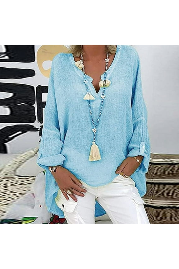 Plus Size Long Tunics for Women Fall Cotton linen Long Sleeve Solid Color Loose Tops 2024 Womens Oversized V Neck Shirts Blouses Blue,M