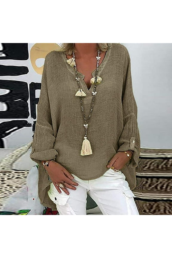 Plus Size Long Tunics for Women Fall Cotton linen Long Sleeve Solid Color Loose Tops 2024 Womens Oversized V Neck Shirts Blouses brown,XXXL