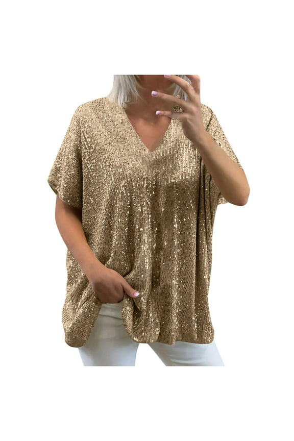 Plus Size Loose Sequin Tops Women's V Neck Short Sleeve Sparkly Dressy Evening Party Blouses Gold,XL