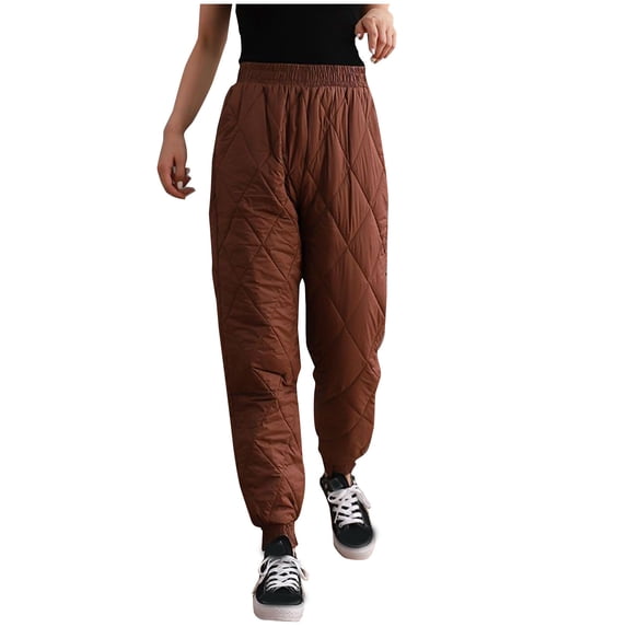 yardsong Plus Size Women's High Waisted Quilted Down Pants Thermal Thick Padded Windproof Snow Ski Pants for Winter Casual Outdoor Hiking Coffee,XXXL