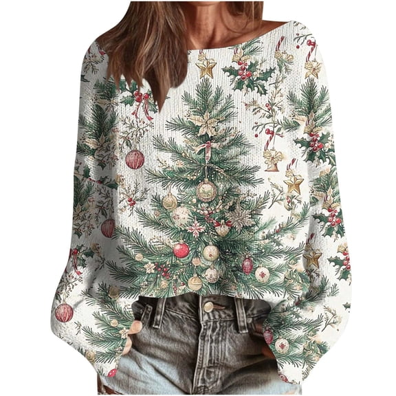 yardsong Pullover Holiday Sweater for Women - Boat Neck Long Sleeve Xmas Graphic Christmas Imitation Sweatshirt Knit Boho Tops Multicolor,M