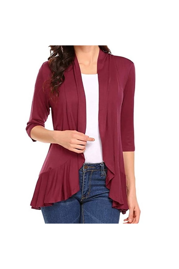 Ruffled Cardigans for Women Dress Cover up Cardigan Formal Lightweight Drape Front Open Cardigan Soft Flowy Hem Tops 2025 Wine,L