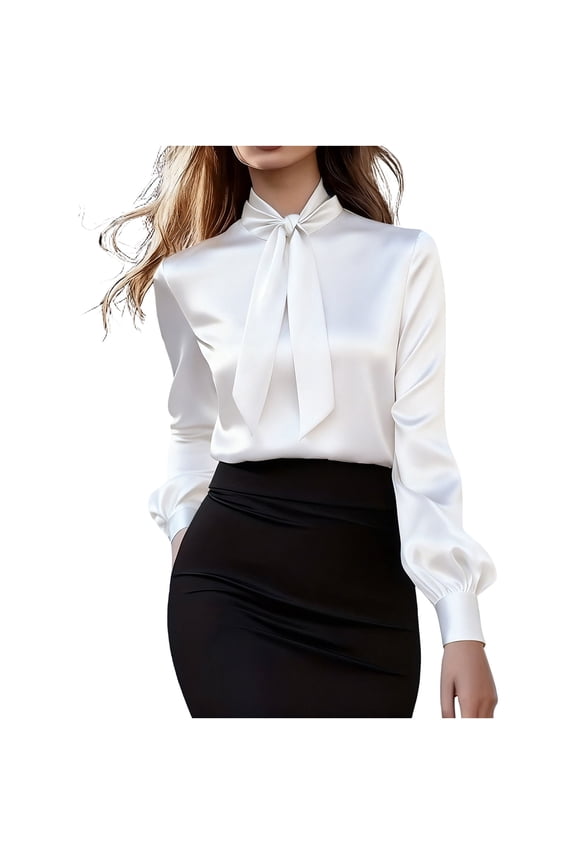 Satin Dressy Office Blouses Women's Long Sleeve Tie Neck Button Down Business Work Tops White,L