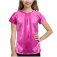 thumbnail image 1 of yardsong Sequin Dance Shirt Girls Short Sleeve Crewneck Tops Kids Sparkly Glitter Metallic Shimmer T Shirts Performance Shiny Top Hot Pink,15 Years, 1 of 5