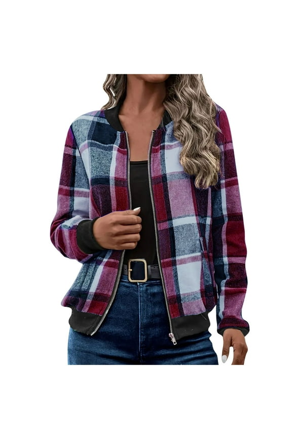 Shackets for Women 2025 Zip Up Plaid Flannel Jacket Trendy Casual Long Sleeve Cardigan Shacket Jackets Fall Clothes Purple,S
