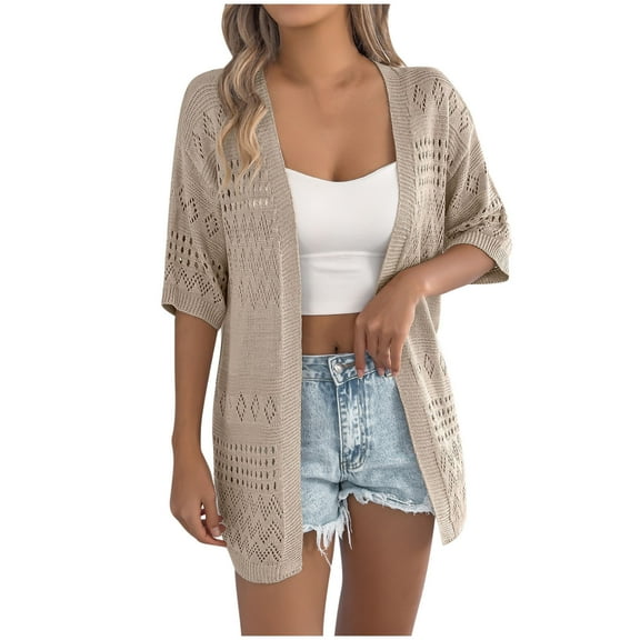 yardsong Short Sleeve Cardigans for Women Women's Summer Crochet Cardigan Sweaters Lightweight Boho Knit Kimono Cardigan Outwear 2025 Khaki,XXL