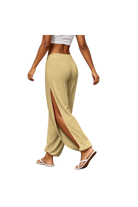 Split Side Harem Pants Women High Slit Flowy Yoga Pant Summer Casual Soft Beach Hippie Dance Pilates Pants Trousers 2026 Khaki,XL