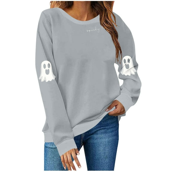 yardsong Spooky Season Sweatshirts Halloween Ghost Sweatshirt Women Halloween Graphic Crewneck Tops Casual Sweater Gray,L