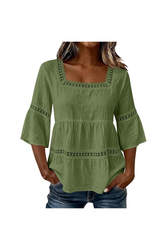 Square Neck Lace Summer Tops for Women Cotton Linen 3/4 Sleeve Summer T Shirt Loose Empire Waist Gauze Beach Vacation Blouse Army Green,XXL