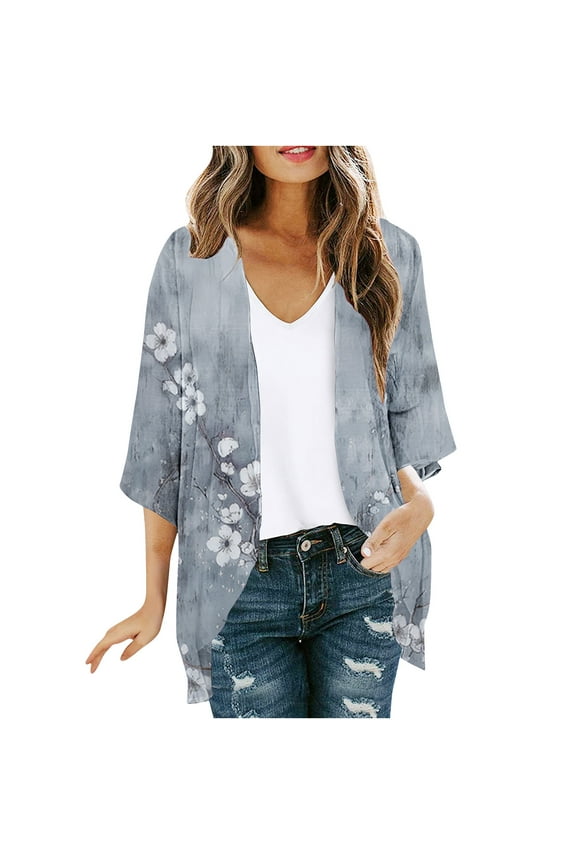 Summer Kimonos for Women 2025 Floral Print Puff Sleeve Kimono Cardigan Loose Beach Vacation Cover Up Casual Blouse Tops Multicolor,S