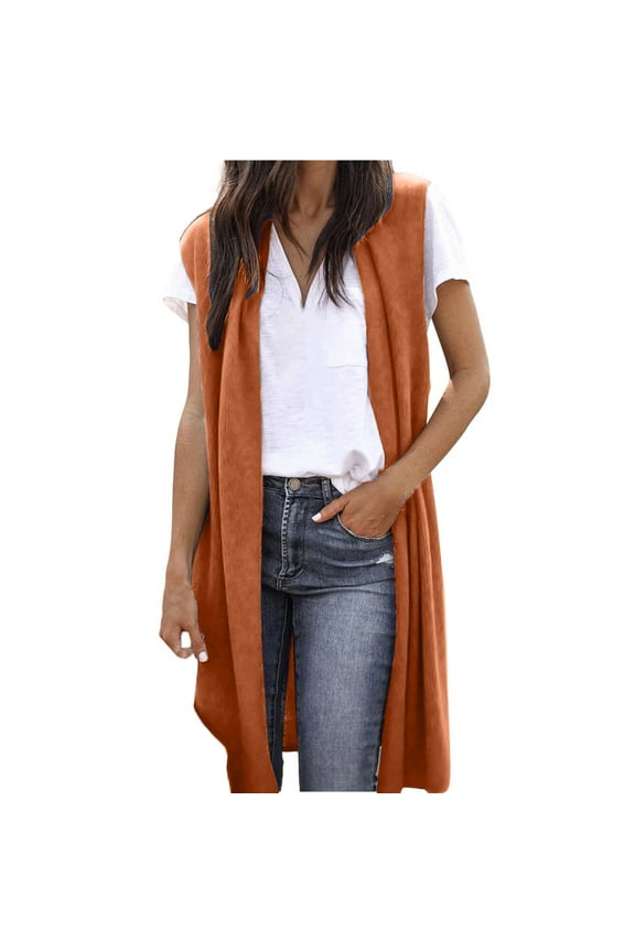 Sweater Vest Women Casual Sleeveless Open Front Tunic Vest Long Cardigan Top Coat Trendy Lightweight Fall Sweaters Duster 2025 Orange,XL