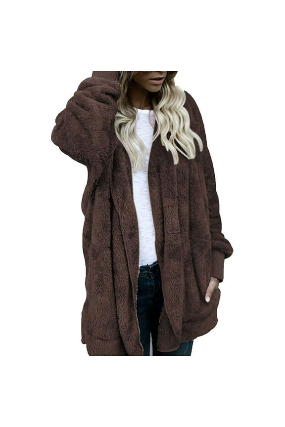 Teddy Bear Jacket for Women Open Front Cardigan Warm Faux Fur Jacket with Hood Ladies Winter Long Fleece Coat with Pockets 2025 Coffee,L