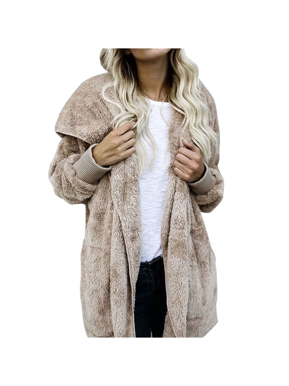 Teddy Bear Jacket for Women Open Front Cardigan Warm Faux Fur Jacket with Hood Ladies Winter Long Fleece Coat with Pockets 2025 Khaki,L