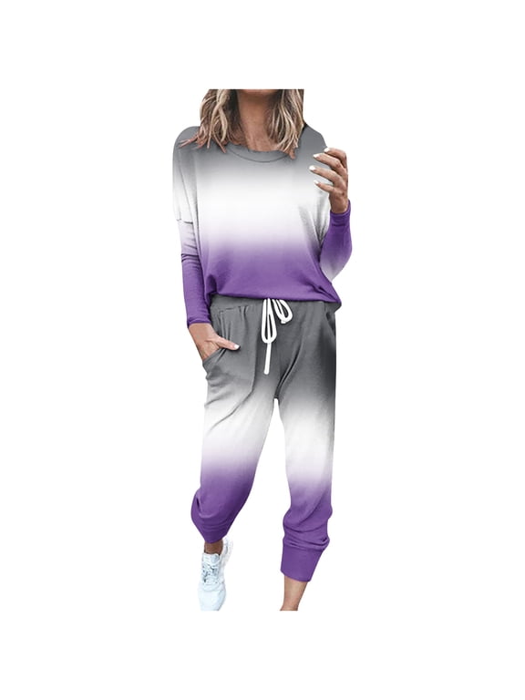 Two Piece Jogger Sets for Women Fall Gradient Color Long Sleeve Crewneck Pullover and Drawstring Pants 2025 Lounge Matching Outfits Purple,XXXXL