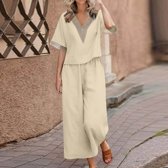 yardsong Two Piece Linen Sets for Women Matching Sets Plus Size Travel Lounge Sets Summer Vacation Outfits Solid Top Wide Leg Pant Suit 2024 Beige,M