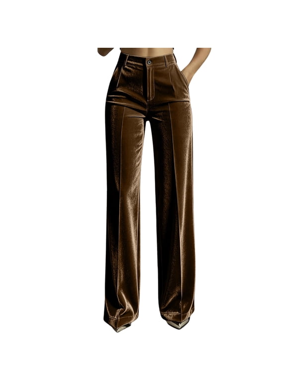 Velvet Dress Pants for Women High Waist Straight Leg Slacks Velour Business Casual Petite Office Work Trousers with Pocket Brown,XL