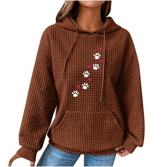 yardsong Waffle Hoodies for Women Cute Dog Paw Heart Print Hooded Sweatshirts Dog Lover Winter Casual Pocket Drawstring Pullover Tops Brown,S