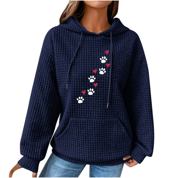 yardsong Waffle Hoodies for Women Cute Dog Paw Heart Print Hooded Sweatshirts Dog Lover Winter Casual Pocket Drawstring Pullover Tops Dark Blue,L
