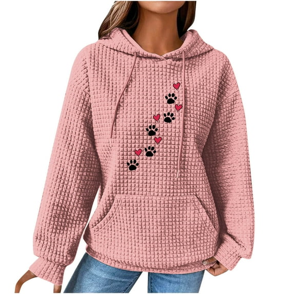 yardsong Waffle Hoodies for Women Cute Dog Paw Heart Print Hooded Sweatshirts Dog Lover Winter Casual Pocket Drawstring Pullover Tops Pink,S