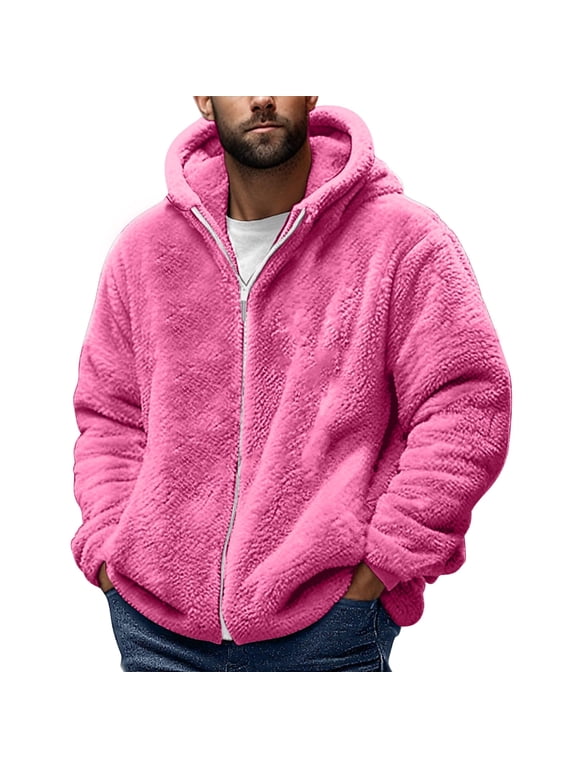 Warm Winter Hooded Full-Zip Coat Men's Fuzzy Sherpa Fleece Long Sleeve Fluffy Casual Jackets Hot Pink,S